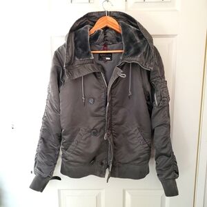 Pre Owned Alpha Industries, Gunmetal Hooded Bomber Jacket Size M